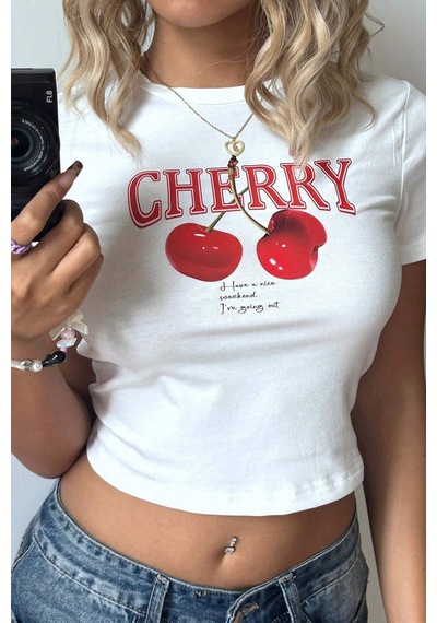 Cool Tarz Kadın Baskılı Crop Tişört - Cherry Desenli, Yazlık Kısa Kollu Bluz Beyaz Beyaz