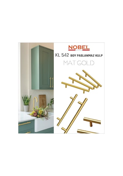 Paslanmaz Boy Kulp Nobel Mat Gold 128 Mm Modern Dolap & Çekmece Kulpu 5 Li Paket Gold