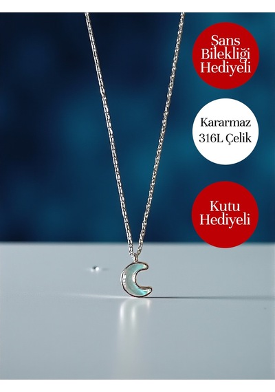 İthal Ay Işığı Kararmaz 316l Antialerjik Hilal Çelik Kolye - Kutulu Ve Şans Bilekliği Hediyeli Ürün Gümüş