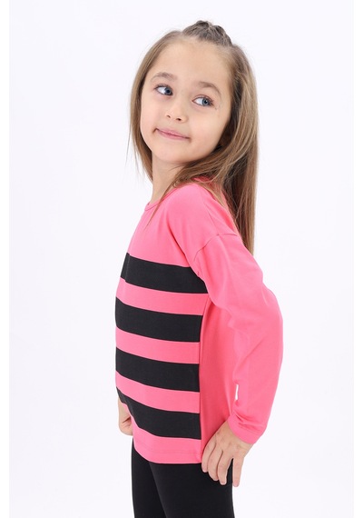 Toontoy Kids Toontoy Kız Çocuk Baskılı Bisiklet Yaka Uzun Kollu Çizgili Tişört Pembe