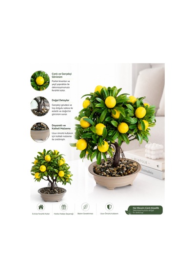 Premium Gerçekçi Yapay Limon Bonsai Ağacı - 24 Cm Dekoratif Saksılı Yapay Bitki Sarı Sarı
