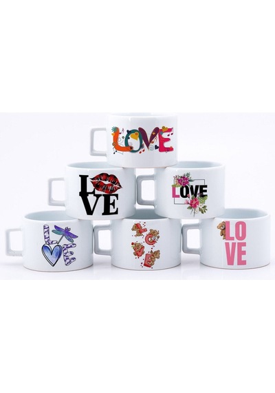 Sevgililer Gününe Özel Love Baskılı 6'lı Çay Kahve Fincanı Beyaz