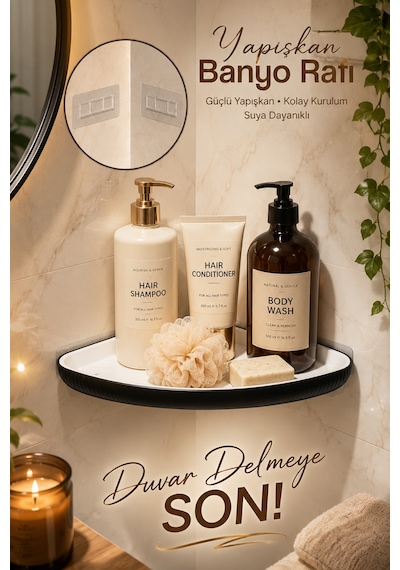 Porsima 0447 İstiridye Yapışkanlı Banyo Köşe Rafı Organizer Siyah