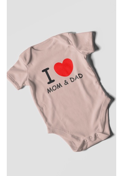 I Love Mom And Dad Baskılı Bebek Zıbını Çıtçıtlı Body %100 Pamuk Kısa Kol Pastel Pembe