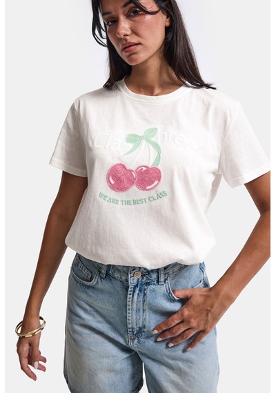 it's basic Kadın Beyaz Kiraz Nakışlı Bol Kesim Tasarım T-shirt