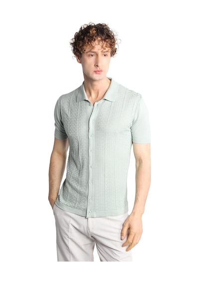 Açık Yeşil Slim Fit Dar Kalıp Düğmeli Polo Yaka Desenli Kısa Kollu Triko Tişört-16318 Yeşil