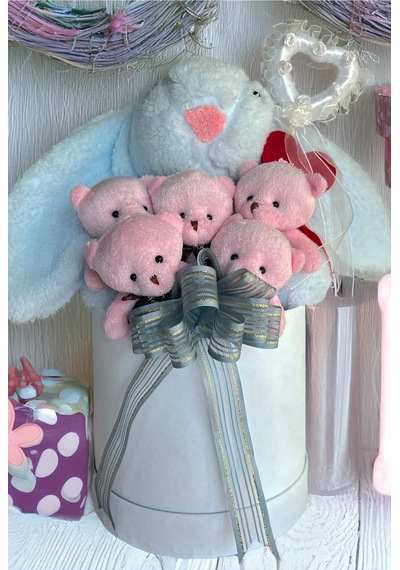 Sole Premium Özel Hediye Kutusunda 45 Cm Mavi Bunny Tavşan Ve 5 Adet Pembe Peluş Ayıcık Buketi