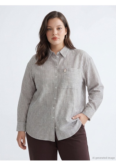 Lcw Modest Kahverengi Çizgili Oversize Poplin Kadın Gömlek Tunik