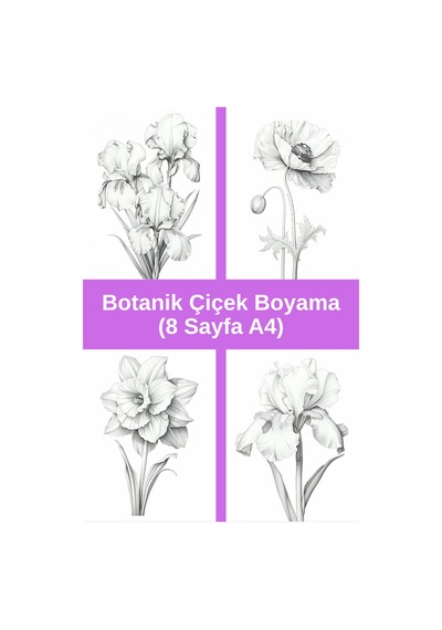 Botanik Çiçek Boyama Sayfaları 3, 8 Adet A4 Boyut .