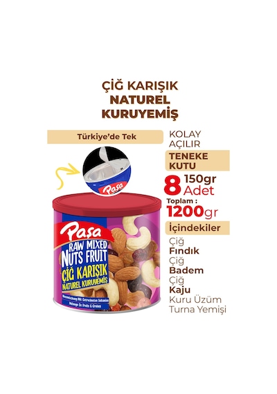 Paşa Kuruyemiş Çiğ Karışık Naturel Kuruyemiş Teneke 8 x 150 G