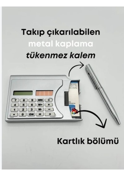 Metal Kaplama Hesap Makineli Kartvizitlik Ve Takıp Çıkarılabilir Tükenmez Kalem Seti Gri - Şeffaf