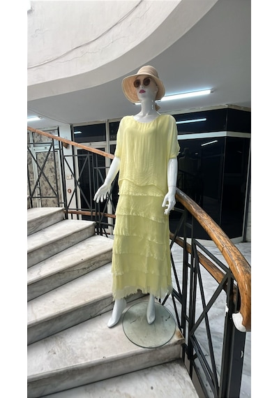 Bohem Stil İtalyan 2 Beden Ince Gösteren Yarım Kol Kat Kat Ipek Elbise-8794 Sarı