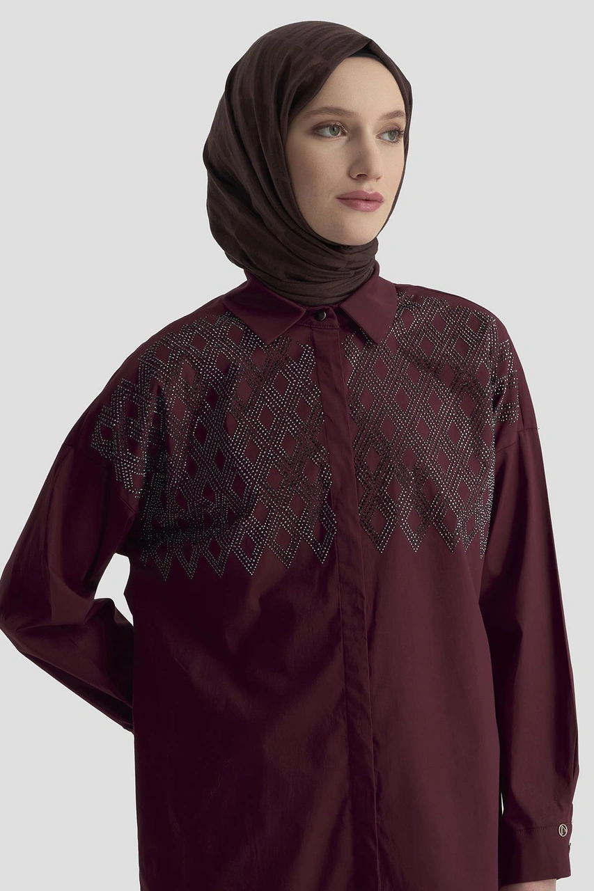 Armine Trend Taş İşlemeli Gizli Düğmeli Tunik-vişne 25kt419 Vişne