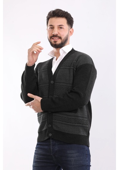 Kzctekstil Erkek Baba Triko Örgü Çift Cepli Akrilik Klasik Fit Düğmeli Hırka Antrasit