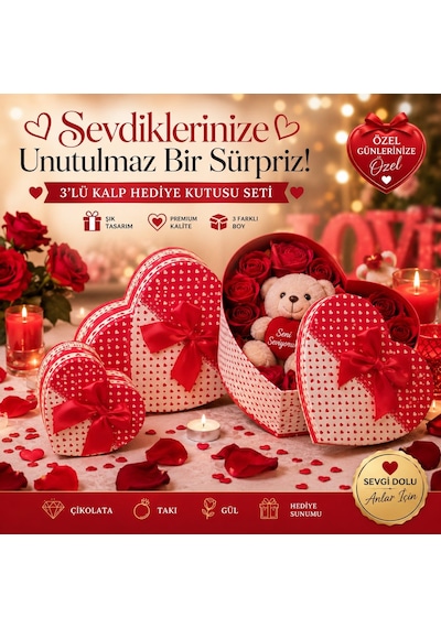3'lü Kalp Hediye Kutu Seti Sevdiklerinizi Mutlu Etmenin En Güzel Yolu Kırmızı Beyaz Kalp Desenli