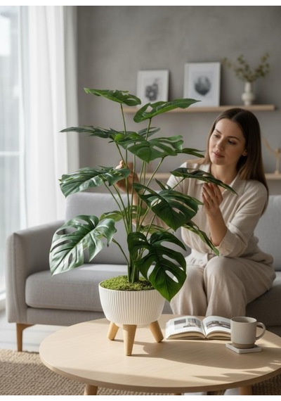 Yapay Çiçek Salon Bitkisi Monstera 70cm 18 Yaprak Beyaz Zigon Saksıda Yeşil