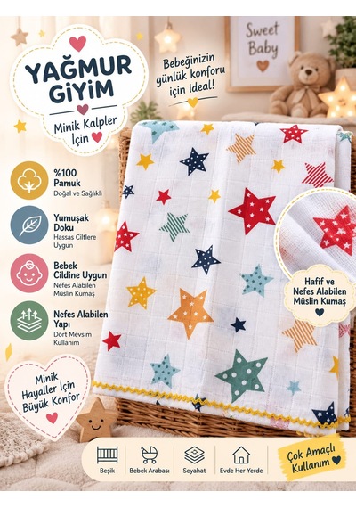 Berço Desenli Müslin %100 Pamuk Bebek Battaniyesi 80x90 Ölçülerinde 0-12 Ay 875/2 Sarı