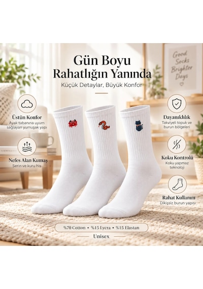 COJans Unisex Çorap Beyaz Hayvan Nakışlı 3'lü Set Yengeç Yılan Kedi Desenli Uzun Soket Günlük Spor Çorabı Çok Renkli