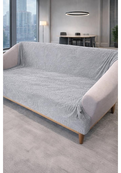 Geometrik Tavşan Tüyü Kaymaz Tabanlı Koltuk Örtüsü 170x215 Cm Gri