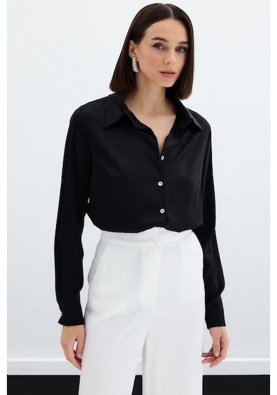 Sateen Oversize Saten Gömlek - Siyah
