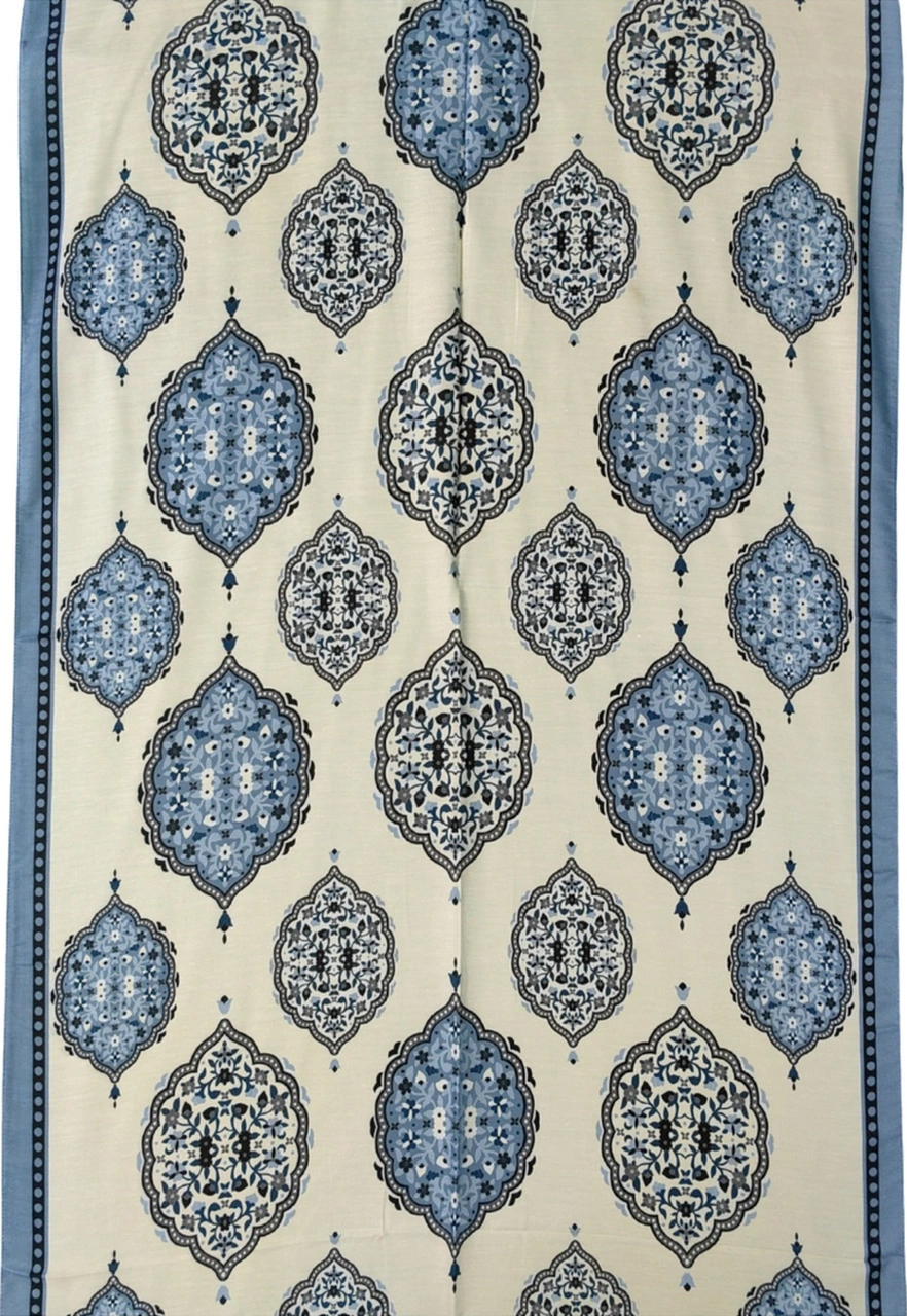Mim Eşarp Işıl İpek Soft Pamuklu Etnik Desenli Şal 75x190 Cm Açık İndigo