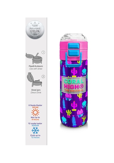 Coral High Kids Mor Pembe Kaktüs Desenli Pipetli Ve Direkt İçim Çelik Termos 500 Ml 31899 Pembe
