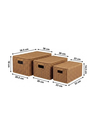 Rattan 3'lü Kapaklı Sandık Seti Hasır Saklama Kutusu Büyük Orta Küçük Boy Dekoratif Organizer Sepet Diğer