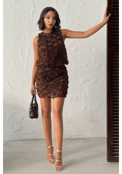 Verymoda Gül Desenli Tül Etek F1757 Kahve
