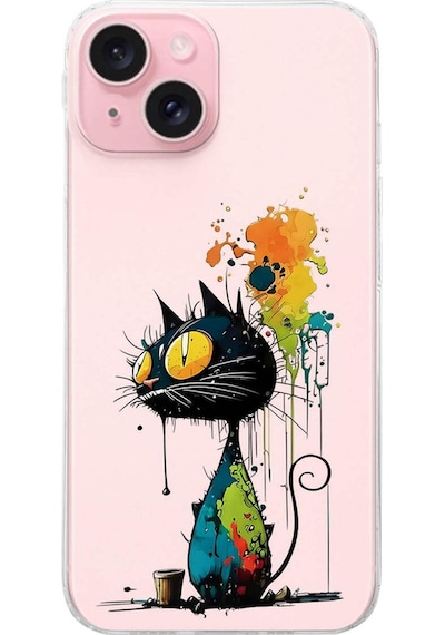 Apple Uyumlu iPhone 15 İle  Splash Kedi Tasarımlı Şeffaf Silikon Kılıf 051e