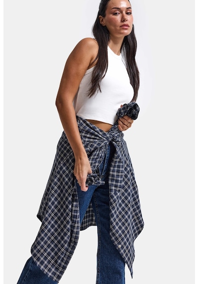 Kadın Gri Laci Ekose W6-54 Oversize Gömlek Lacivert