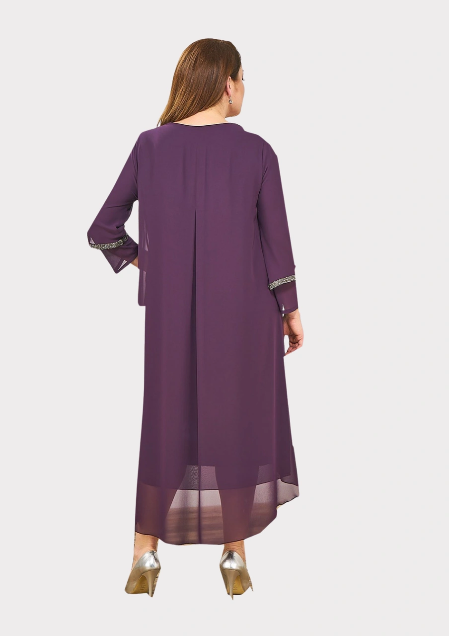 Lilas Xxl Büyük Beden Mürdüm Renkli Taş Baskılı Kısa Abiye Elbise Koyu Mürdüm