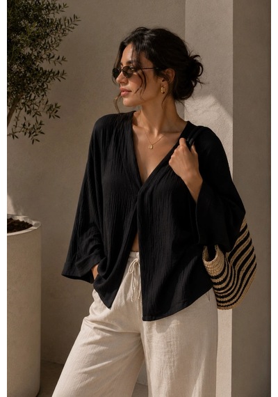 Bbbutikbasic Kadın Müslin Oversize Bluz Salaş Kesim Yazlık Basic Ceket My3535 Siyah