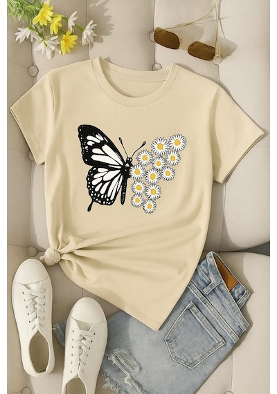 Papatyalı Kelebek Baskılı Unisex Tişört Bej