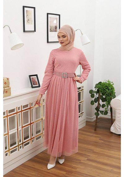 Neşeli Butik Kadın Puantiyeli Tesettür Elbise Rssn45 - Gül Kurusu
