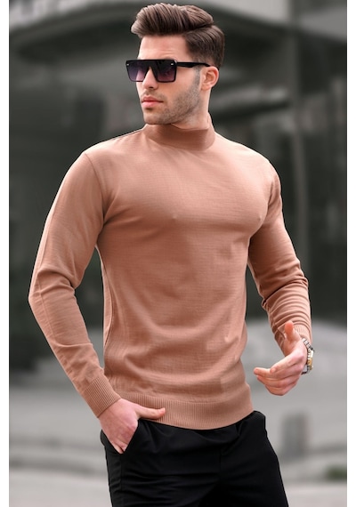 Madmext Taş Rengi Slim Fit Yarım Balıkçı Yaka Erkek Triko Kazak 6343