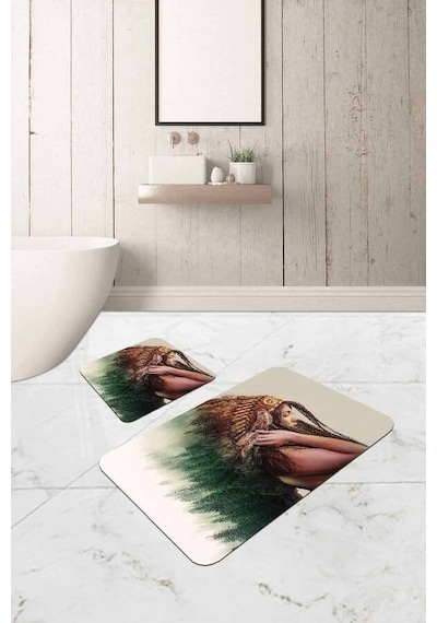Yeşil Etnik Desenli Banyo Halısı Klozet Paspas Seti Bs317n11