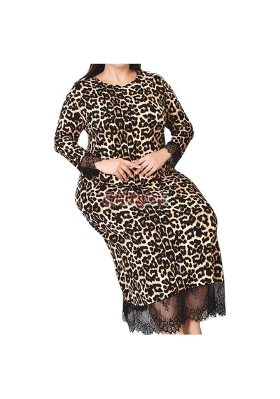 Lady Loepar Desenli Siyah Renkli 7284 Kadın, Uzun Kol Ve Dantel Detaylı Büyük Beden Anne Gecelik, Elbise Leopar