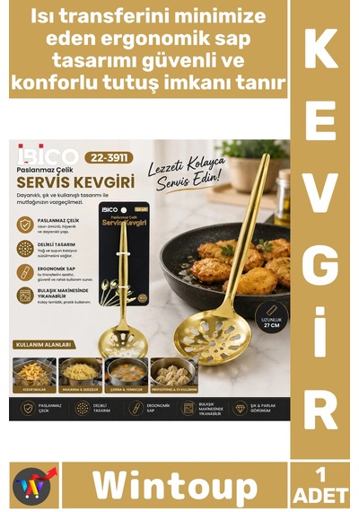 Kevgir Lüks Paslanmaz Çelik Dayanıklı Ergonomik Tasarım Şık Parlak Gold Metal Servis Kevgiri 27 Cm