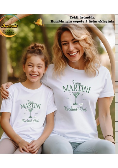 Aselinda Martini Baskılı Anne-kız Kombin Tişört Kombin Yapmak İçin 2 Ürün Ekleyiniz Beyaz