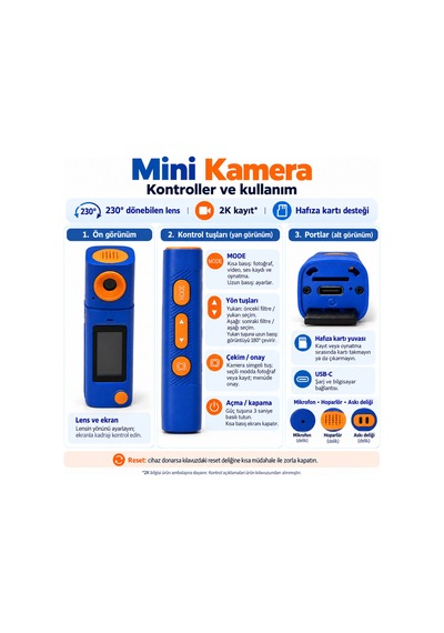 Mini Aksiyon Kamera 2k Çözünürlüklü Ekranlı Taşınabilir Seyahat Kamerası Mavi-turuncu Gri