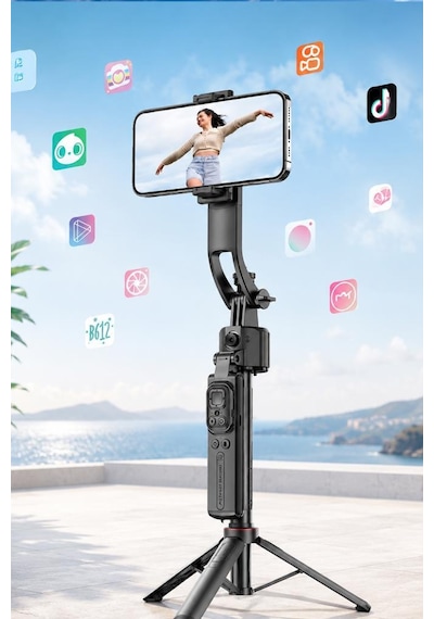 Tripod 360 Yüz Takipli Akıllı Gimbal Çok Amaçlı Kumandalı 1.76 Cm Selfie Çubuğu Tt07 Siyah