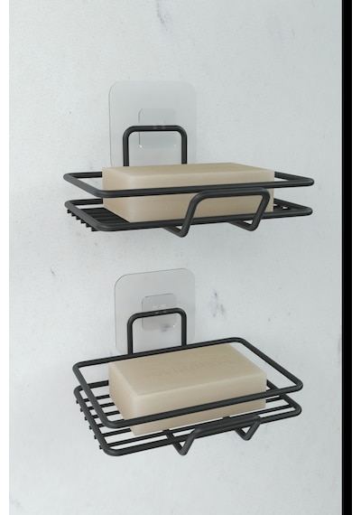 Yapışkanlı 2 Li Set Sabunluk Banyo Mutfak Lavabo Metal Katı Sabunluk Siyah Siyah
