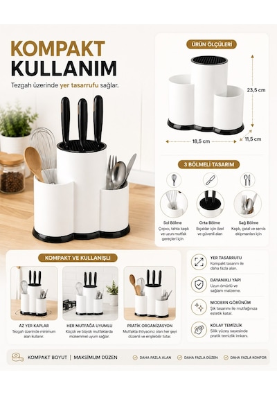 Sas Haus Tezgah Üstü Bölmeli Bıçaklık - Kaşık Kepçe Bıçak Standı Mutfak Düzenleyici Organizer Kaşıklık Beyaz S-10137