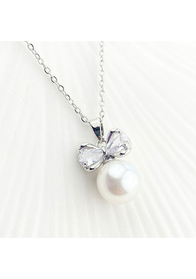 Kadın Kolye Fiyonk İncili Kolye Zirkon Taşlı Silver 45cm Gümüş