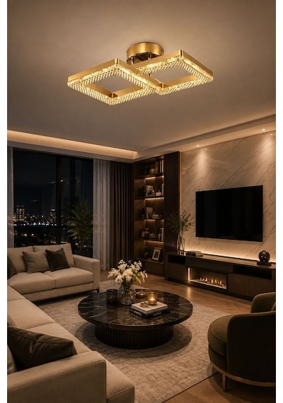Yakamoz Model 2"li Gold 3 Renk Modu Ledli Modern Tavana Sıfır Salon Mutfak Çocuk Yatak Odası Led Avize