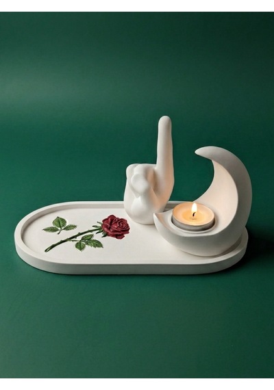 Gül Desenli İslami Ev Hediyesi Dekoratif Tevhid Eli Biblo Ve Hilal Mumluk Seti Tepsi 23cm & Objeler 12/10cm Tealight Mum Hediyeli