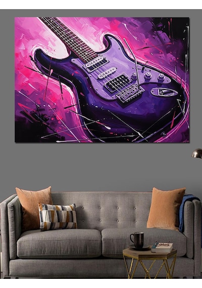 Ahşap Tablo Mor Işıklı Modern Elektro Gitar Obje Tabloları
