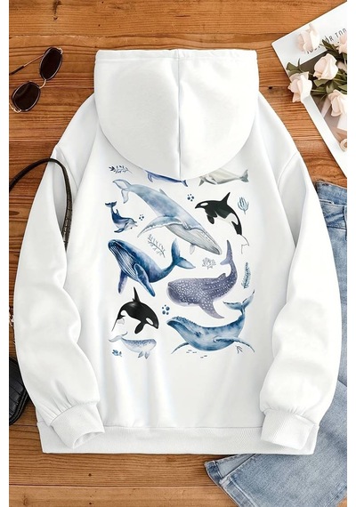 Whales Baskılı Oversize Sweatshirt Beyaz