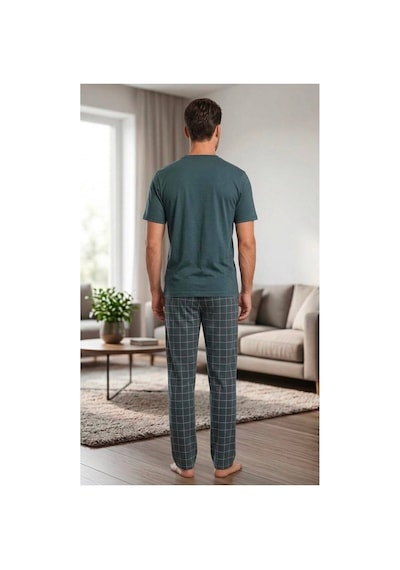 Pijamask Erkek Antrasit Ekose Desenli Cepli Düğmeli Kısa Kollu Pijama Takımı Antrasit