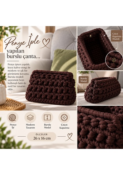 Koyu Kahverenkli Penye Burslu Clutch Çantası Koyu Kahve